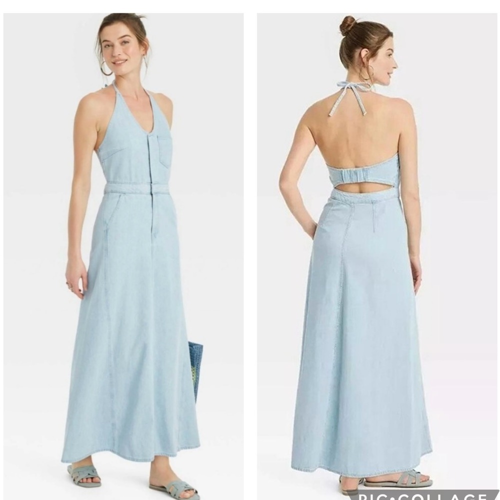 Universal Thread Light Blue denim halter‎ style Maxi Dress nwot